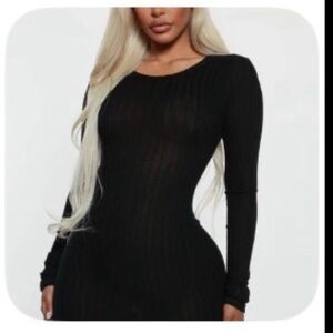Fashion Nova Black Ribbed Long Sleeve Dress